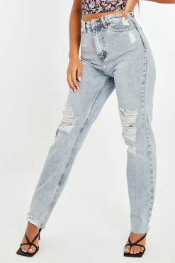 Rebellious Fashion Blue Bleach Washed Distressed Straight Leg Jeans - Holly