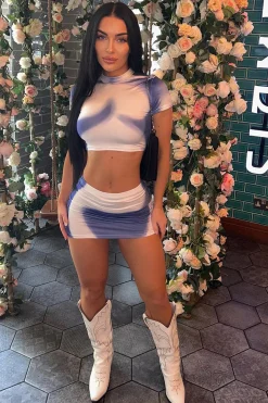 Rebellious Fashion Blue Body Print Cropped Top & Mini Skirt Co-ord Set - Siti