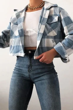 Rebellious Fashion Blue Brushed Checked Cropped Shacket - Carina