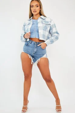 Rebellious Fashion Blue Brushed Checked Cropped Shacket - Carina