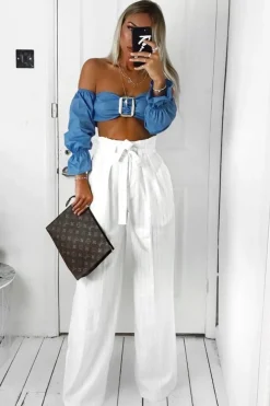 Rebellious Fashion Blue Buckle Front Extreme Bardot Crop Top - Theora