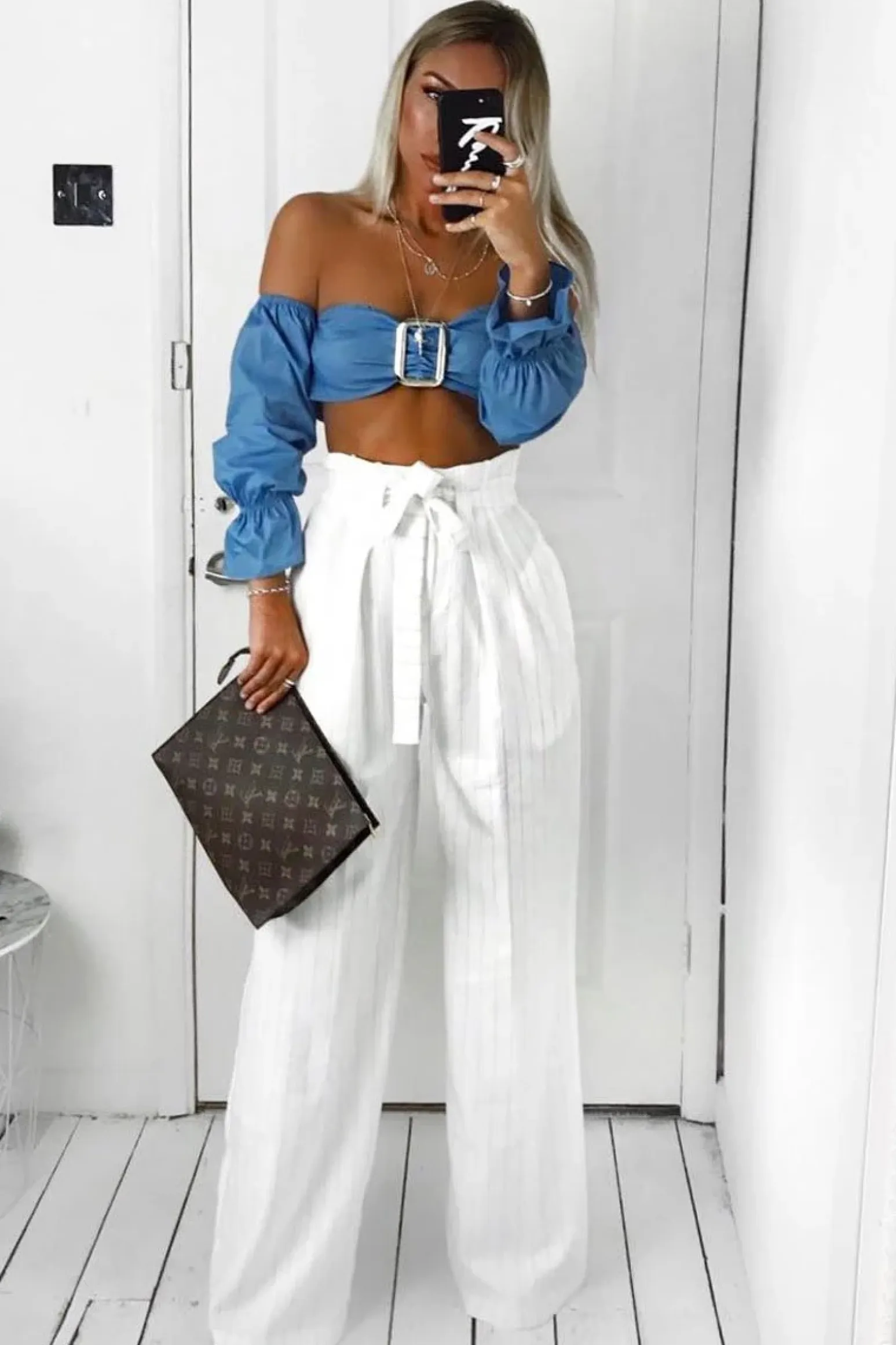 Rebellious Fashion Blue Buckle Front Extreme Bardot Crop Top - Theora