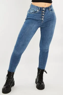 Rebellious Fashion Blue Button Fly Skinny Jeans - Ellah