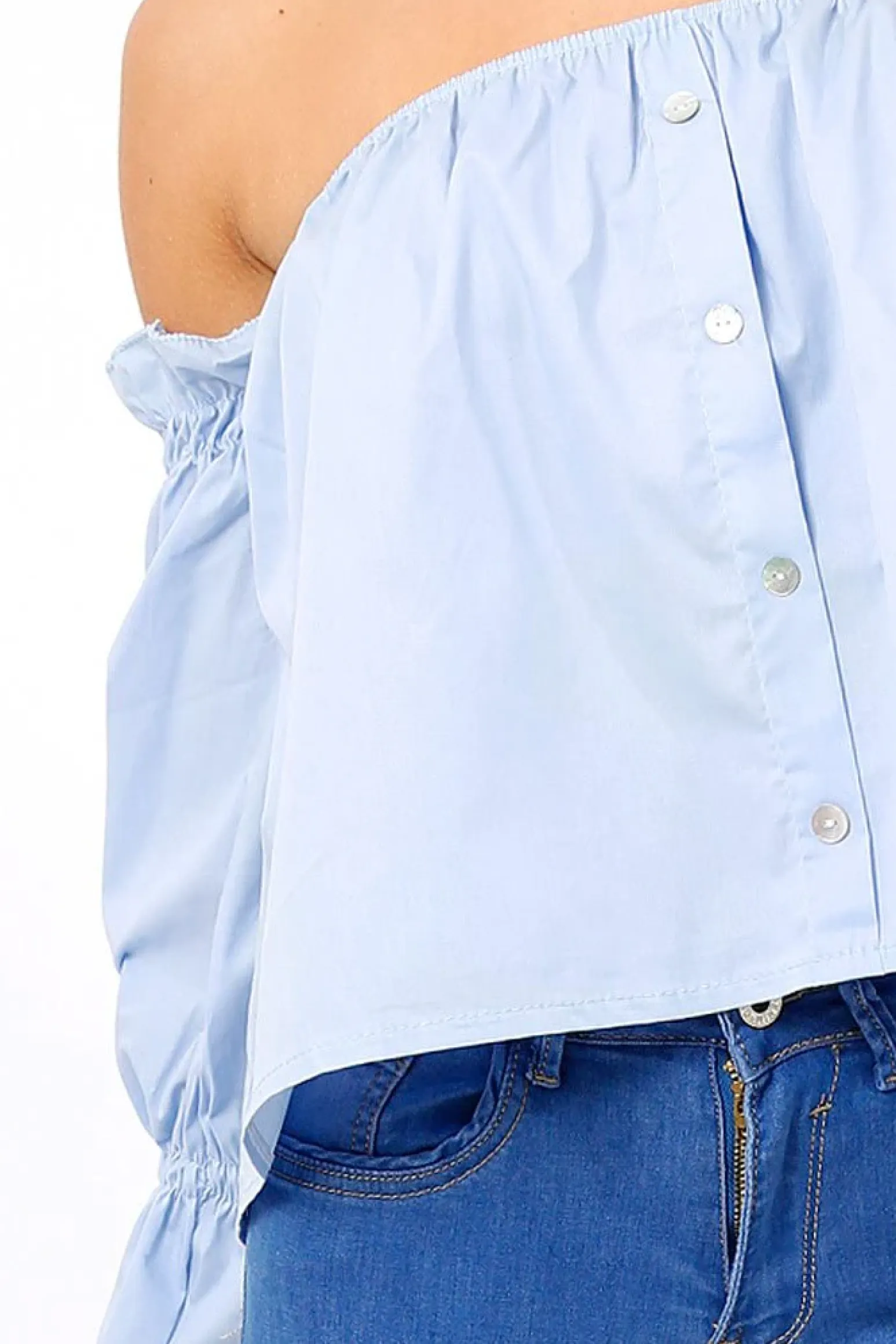 Rebellious Fashion Blue Button Up Bardot Crop Top - LuLu