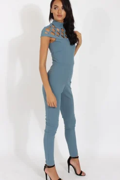 Rebellious Fashion Blue Cage Detail Jumpsuit - Aurelia