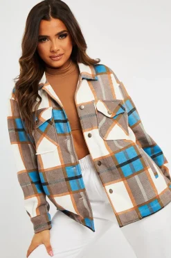 Rebellious Fashion Blue Camel Check Pocket Front Shacket - Misa