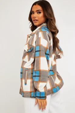 Rebellious Fashion Blue Camel Check Pocket Front Shacket - Misa