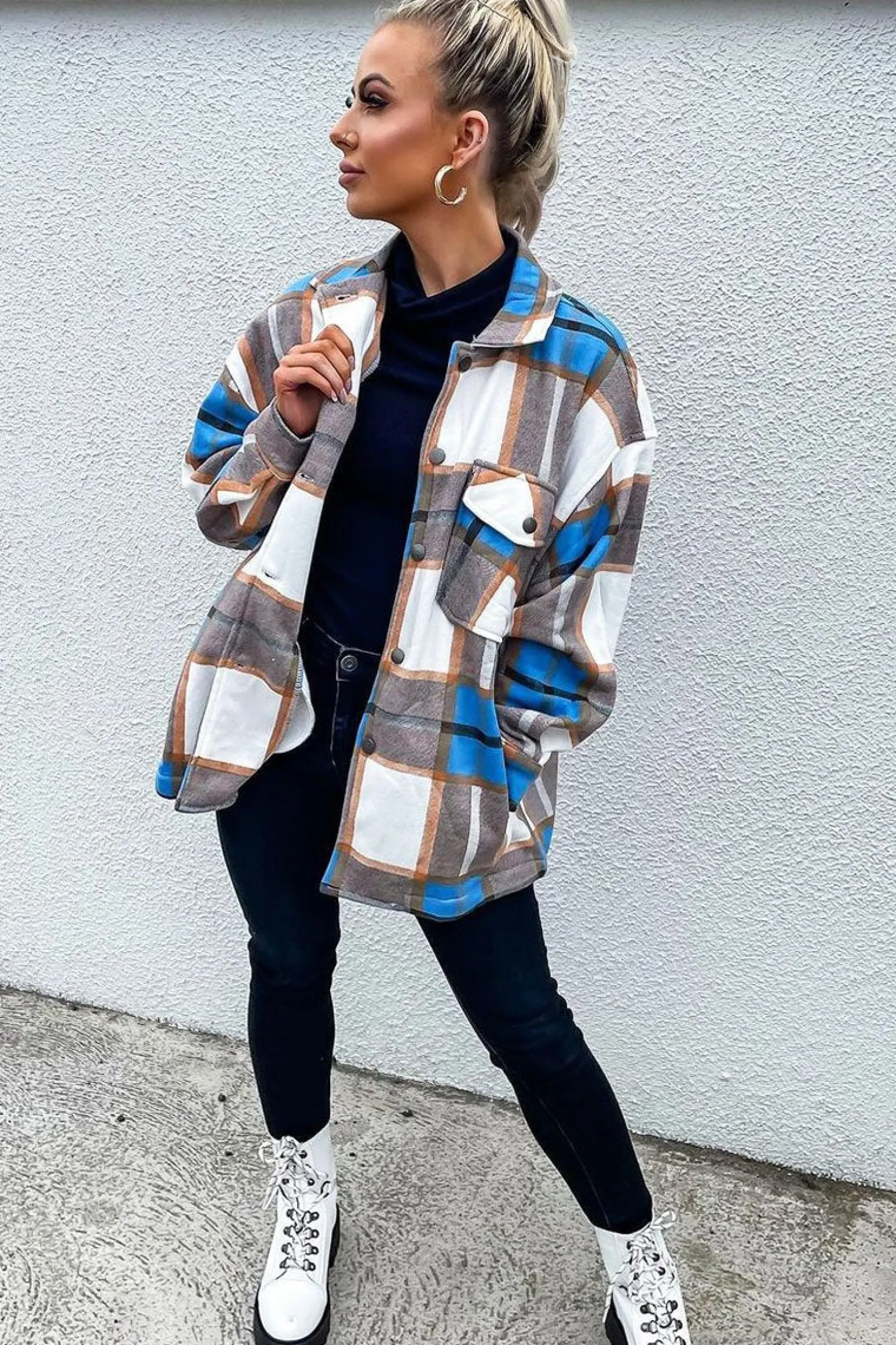 Rebellious Fashion Blue Camel Check Pocket Front Shacket - Misa
