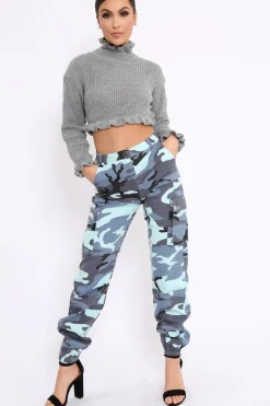 Rebellious Fashion Blue Camo Printed Cargo Trousers - Vivi