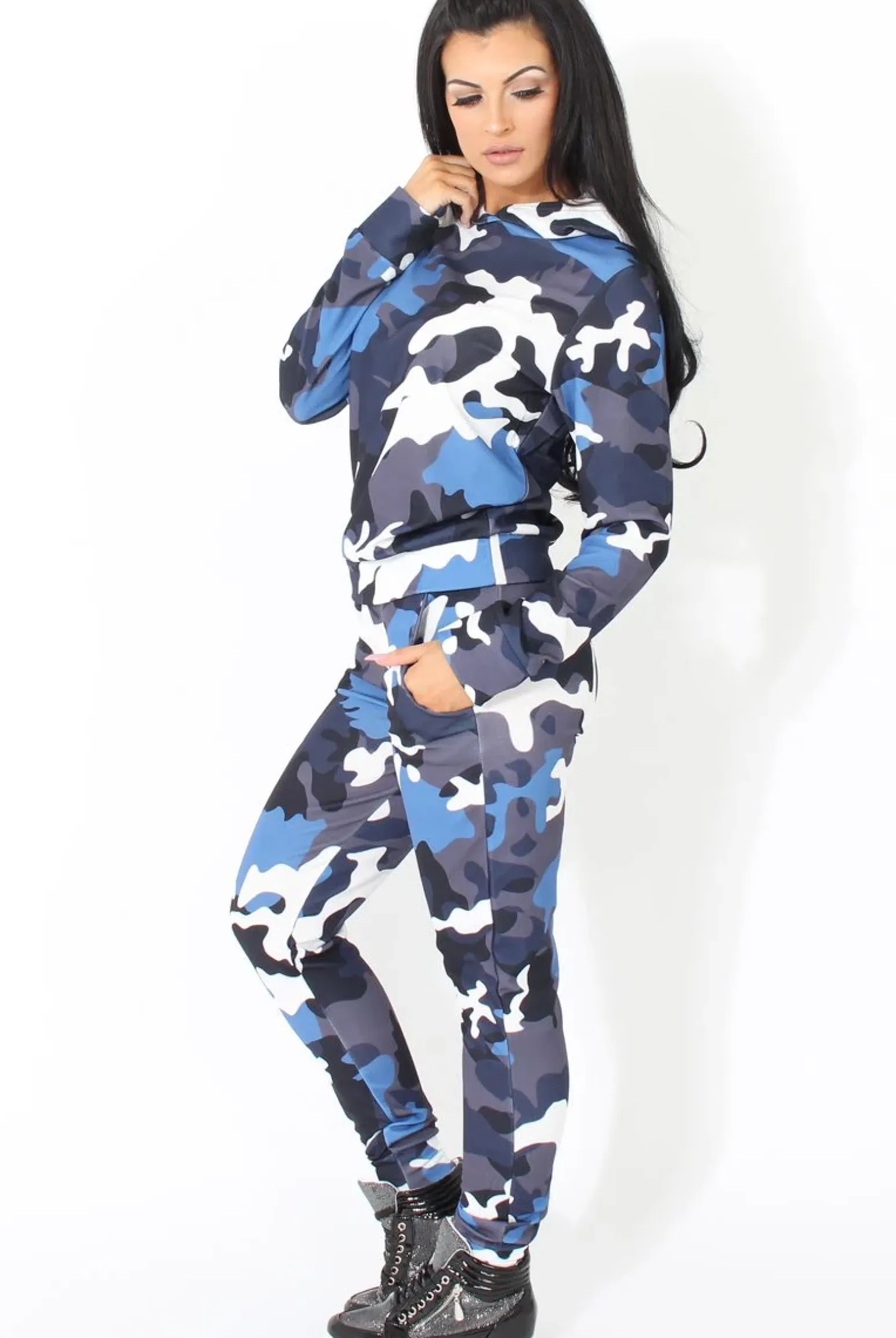 Rebellious Fashion Blue Camouflage Two Piece Loungewear Set - Alice
