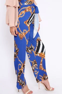 Rebellious Fashion Blue Chain Pleated Wide Leg Trousers - Neola
