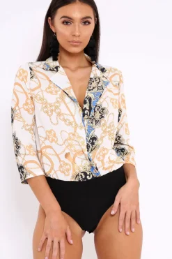 Rebellious Fashion Blue Chain Print Plunge Bodysuit - Adra