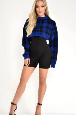 Rebellious Fashion Blue Check Batwing Crop Knit Jumper - Marisa