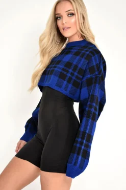 Rebellious Fashion Blue Check Batwing Crop Knit Jumper - Marisa