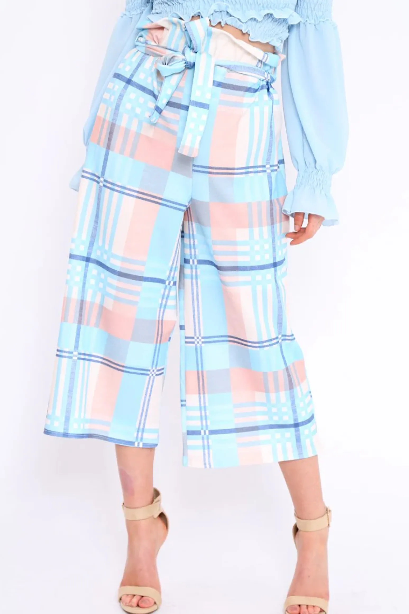 Rebellious Fashion Blue Check Cropped Wide Leg Trousers - Silvia