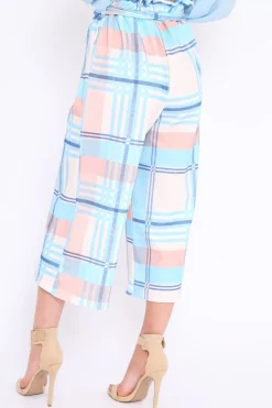 Rebellious Fashion Blue Check Cropped Wide Leg Trousers - Silvia