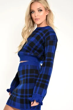 Rebellious Fashion Blue Check Frill Cuff Knit Jumper - Lanelle