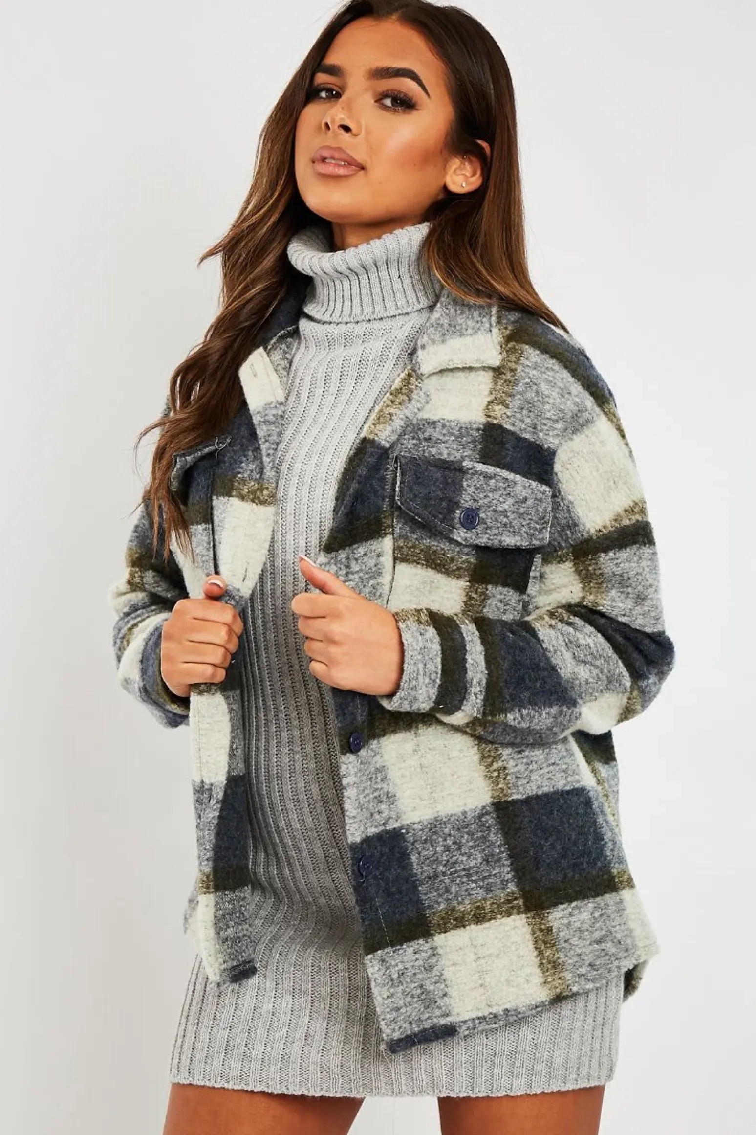 Rebellious Fashion Blue Check Oversized Wool Blend Shacket - Diora