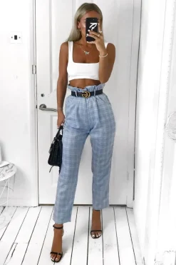 Rebellious Fashion Blue Check Paper Bag Trousers - Irma