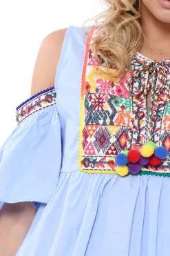 Rebellious Fashion Blue Cold Shoulder Shift Dress with Aztec Embroidery - Elodie