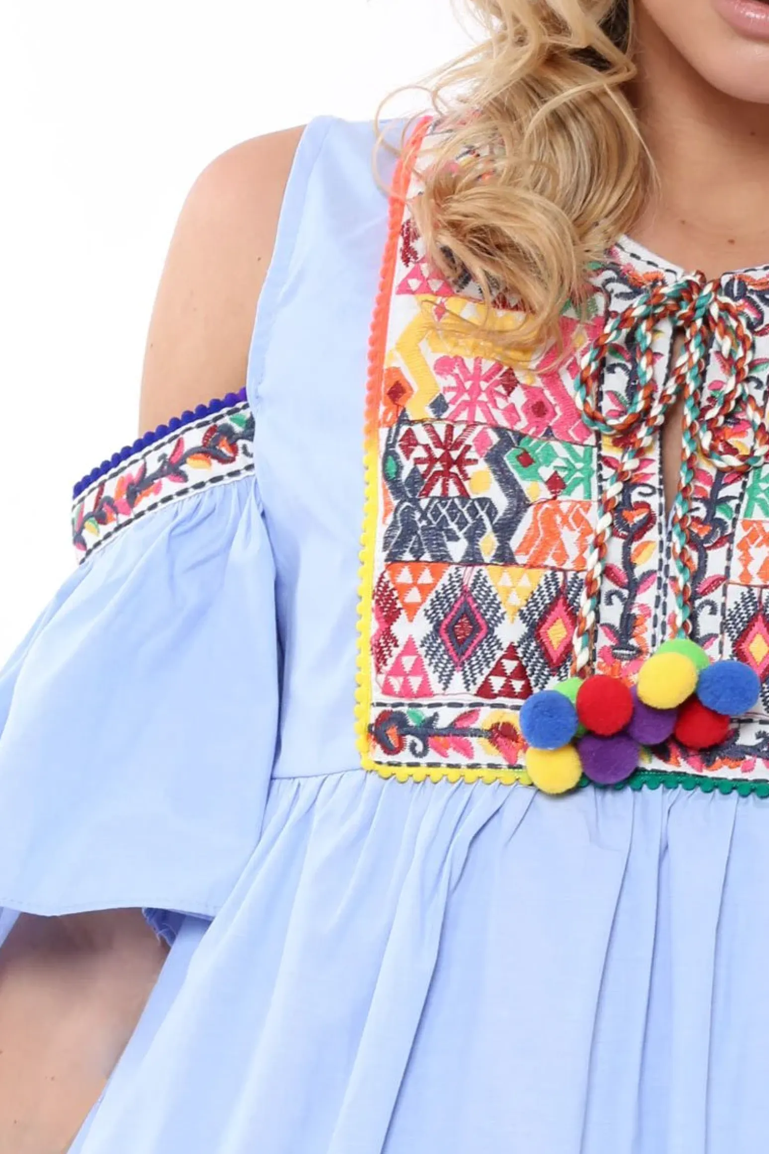 Rebellious Fashion Blue Cold Shoulder Shift Dress with Aztec Embroidery - Elodie