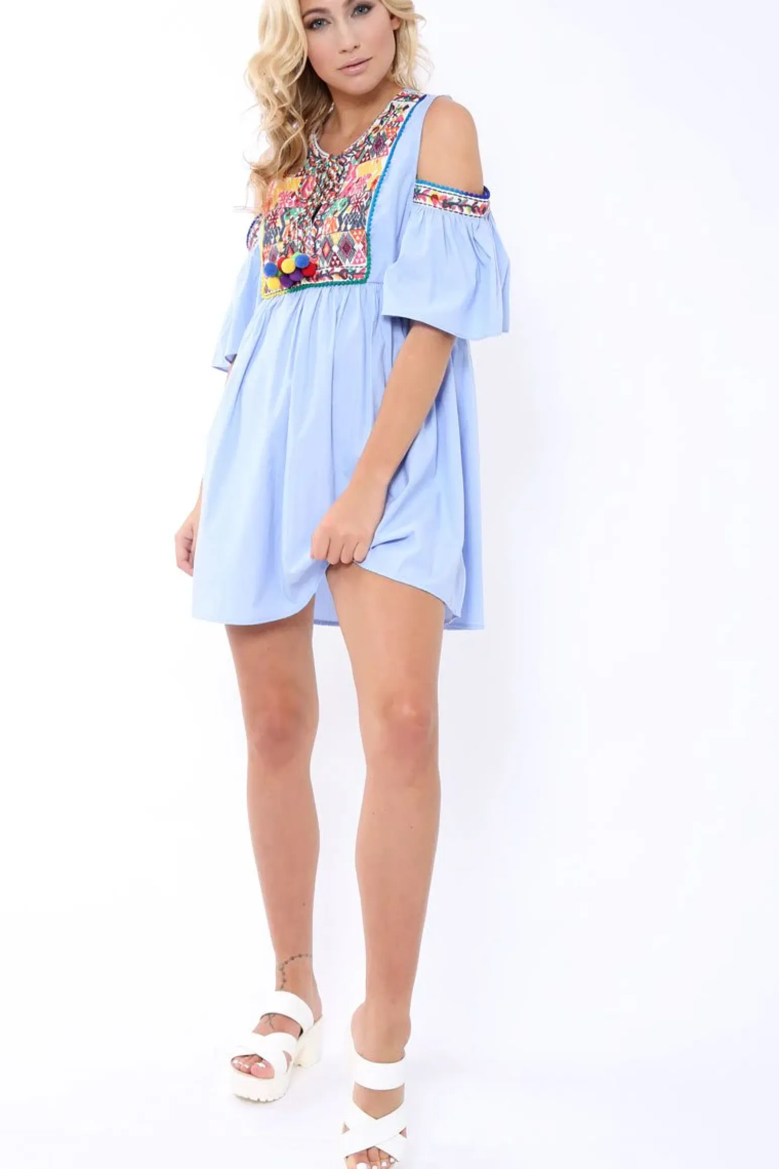 Rebellious Fashion Blue Cold Shoulder Shift Dress with Aztec Embroidery - Elodie