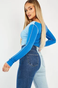 Rebellious Fashion Blue Colour Block Lace Up Front Crop Top - Bella
