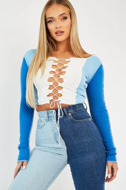 Rebellious Fashion Blue Colour Block Lace Up Front Crop Top - Bella
