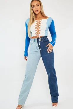 Rebellious Fashion Blue Colour Block Lace Up Front Crop Top - Bella