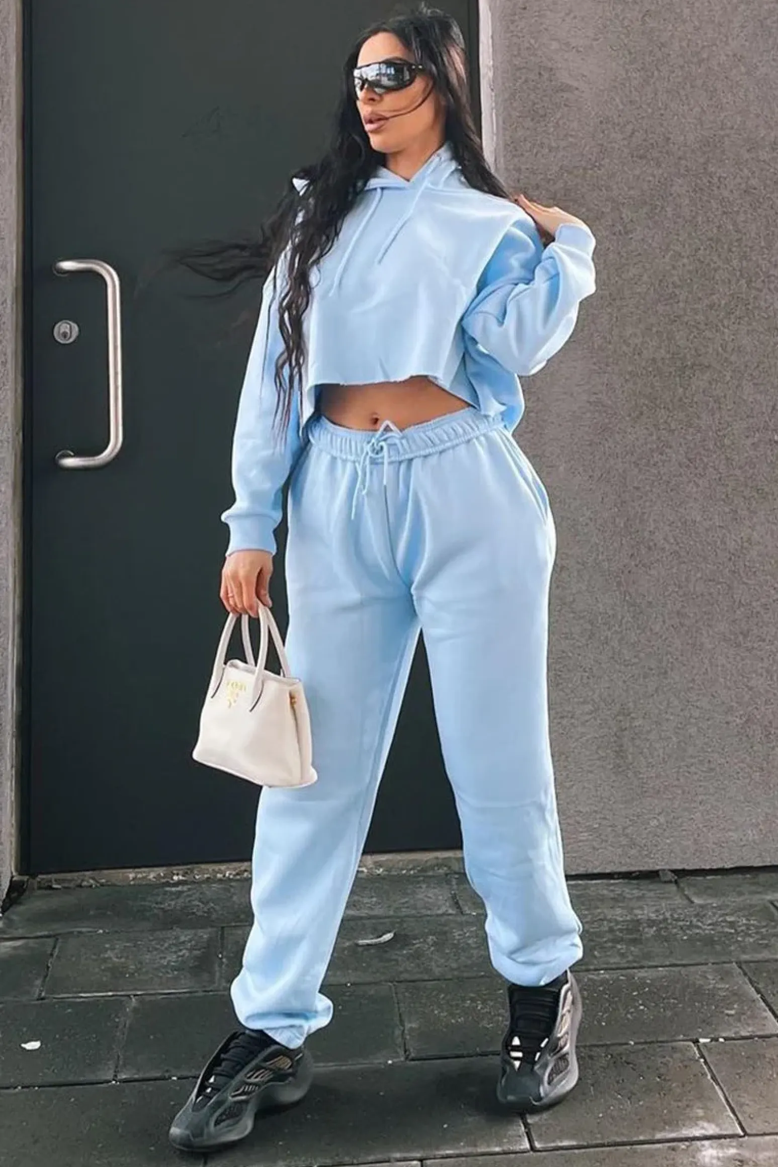 Rebellious Fashion Blue Cropped Oversized Hoodie and Joggers Co-ord - Karenza