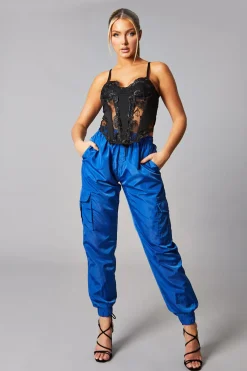 Rebellious Fashion Blue Cuffed Hem Shell Cargo Joggers - Iris