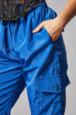 Rebellious Fashion Blue Cuffed Hem Shell Cargo Joggers - Iris