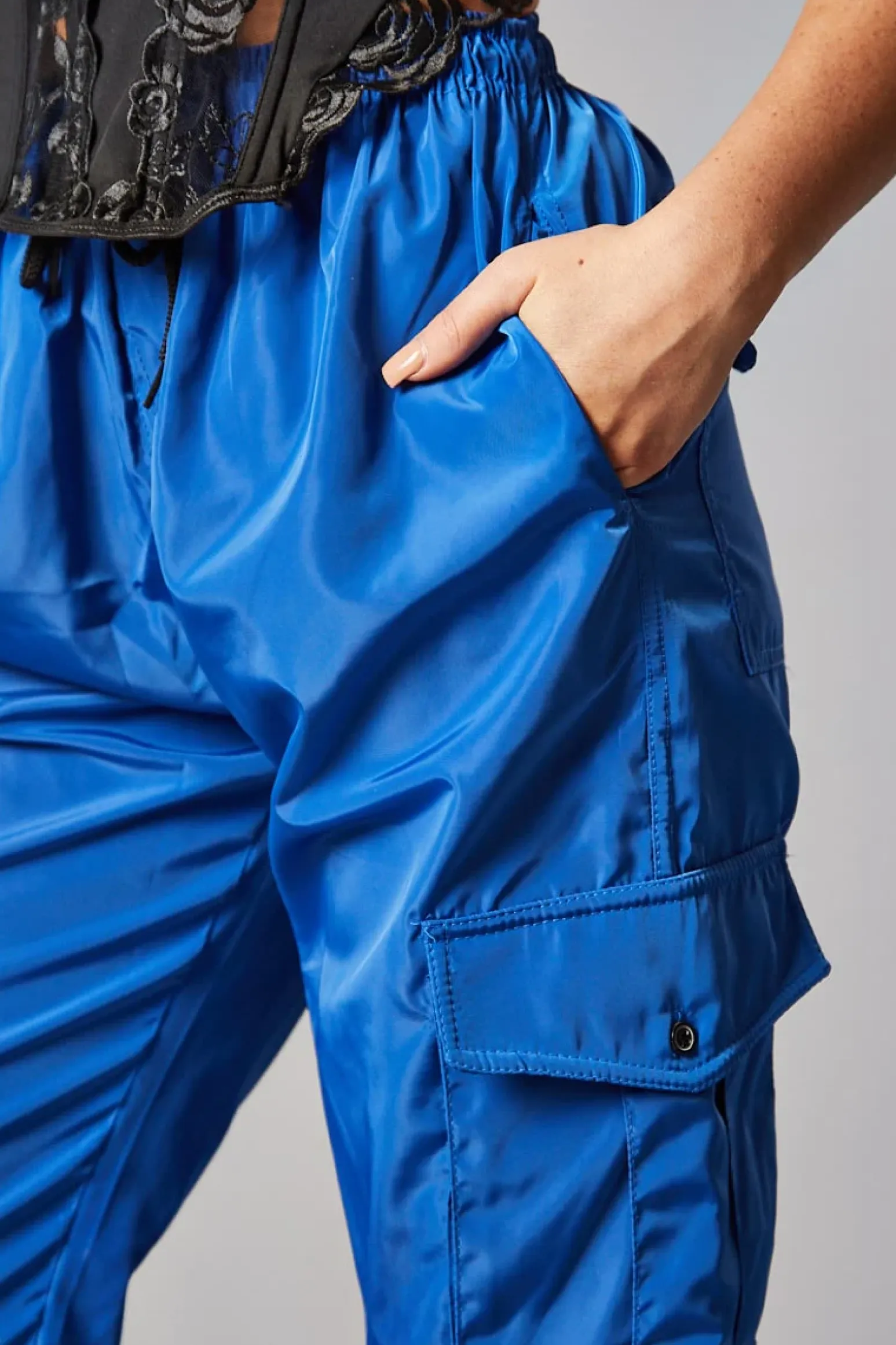 Rebellious Fashion Blue Cuffed Hem Shell Cargo Joggers - Iris