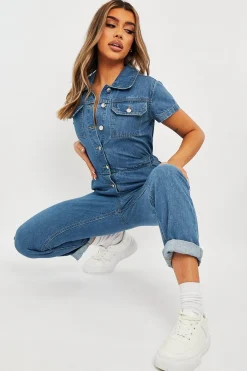 Rebellious Fashion Blue Denim Button Front Boiler Jumpsuit - Kashia