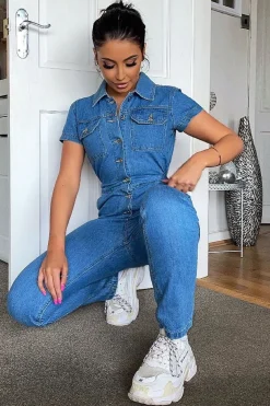 Rebellious Fashion Blue Denim Button Front Boiler Jumpsuit - Kashia