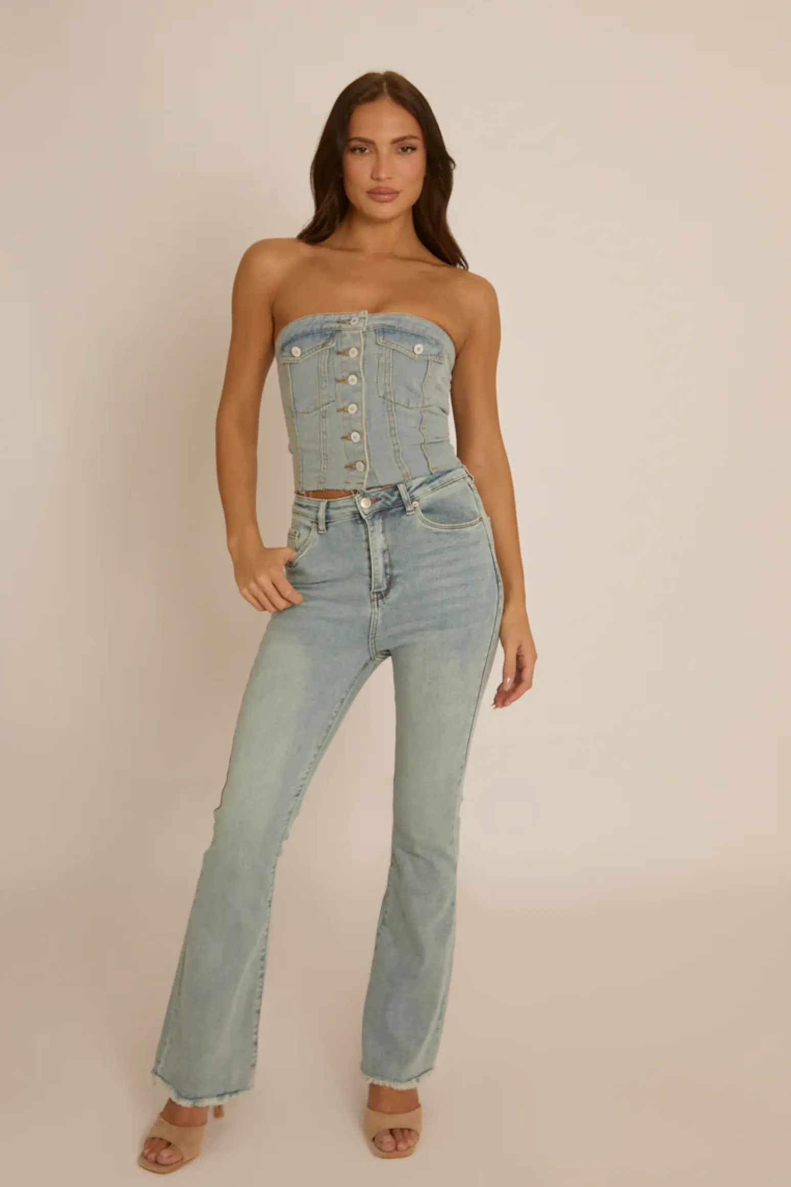 Rebellious Fashion Blue Denim Button Front Crop Top - Tania