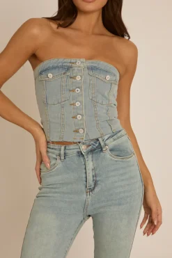 Rebellious Fashion Blue Denim Button Front Crop Top - Tania