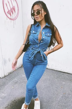 Rebellious Fashion Blue Denim Button Front Sleeveless Jumpsuit - Faven
