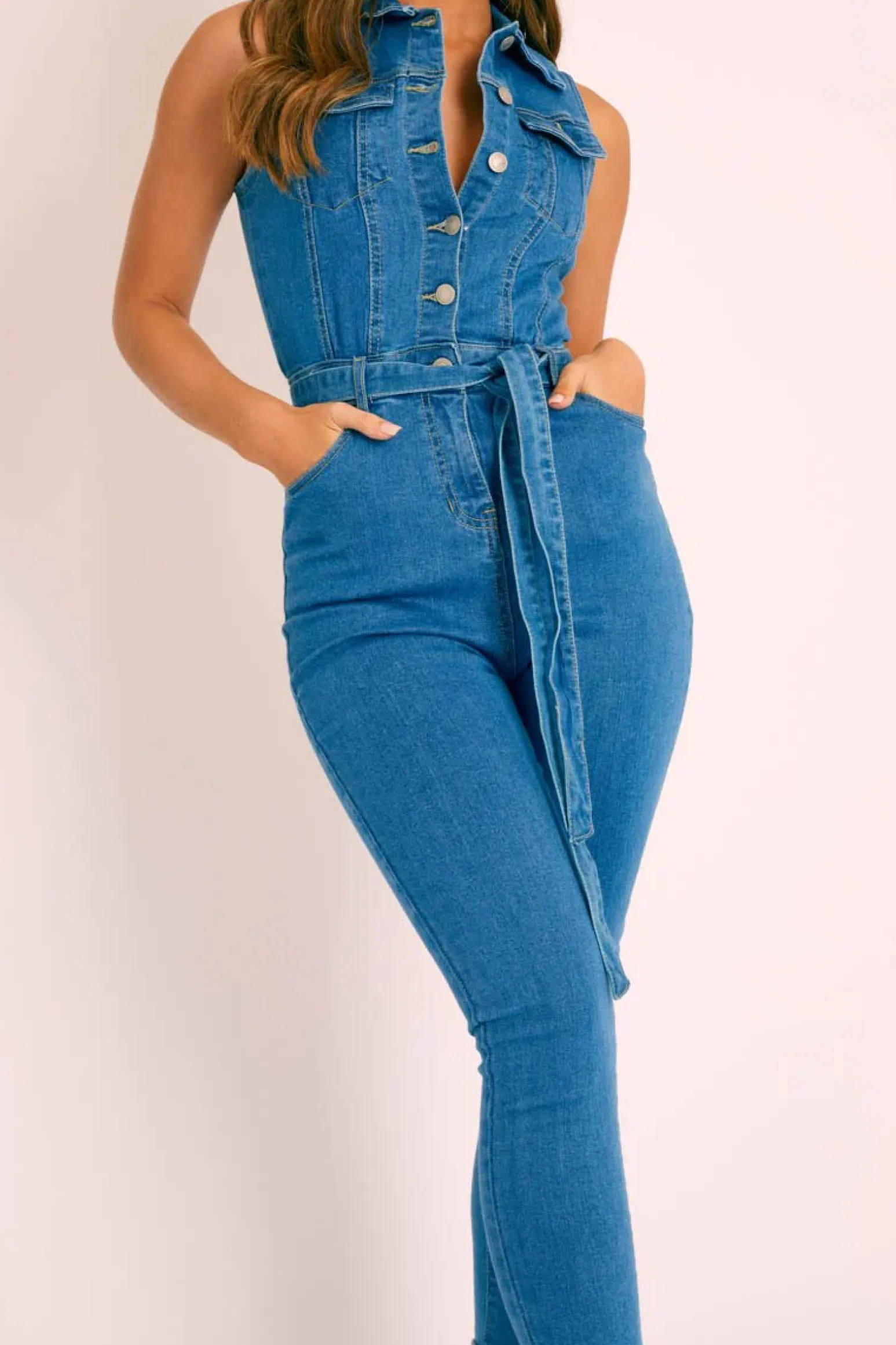 Rebellious Fashion Blue Denim Button Front Sleeveless Jumpsuit - Faven