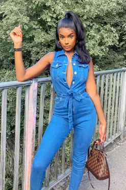 Rebellious Fashion Blue Denim Button Front Sleeveless Jumpsuit - Faven