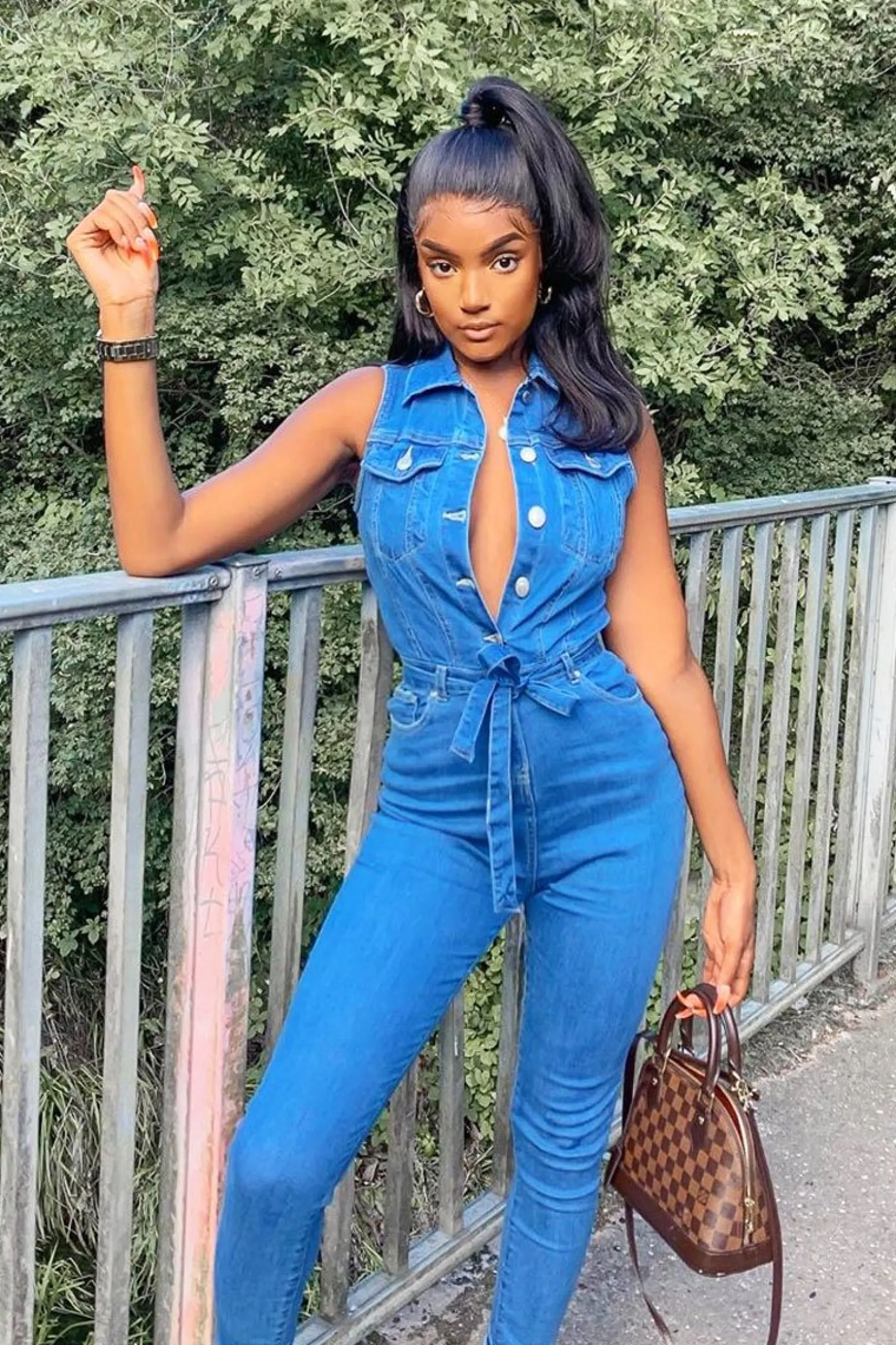 Rebellious Fashion Blue Denim Button Front Sleeveless Jumpsuit - Faven