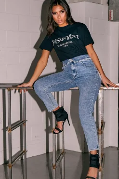 Rebellious Fashion Blue Denim Covered Waistband Mom Jeans - Tahlia