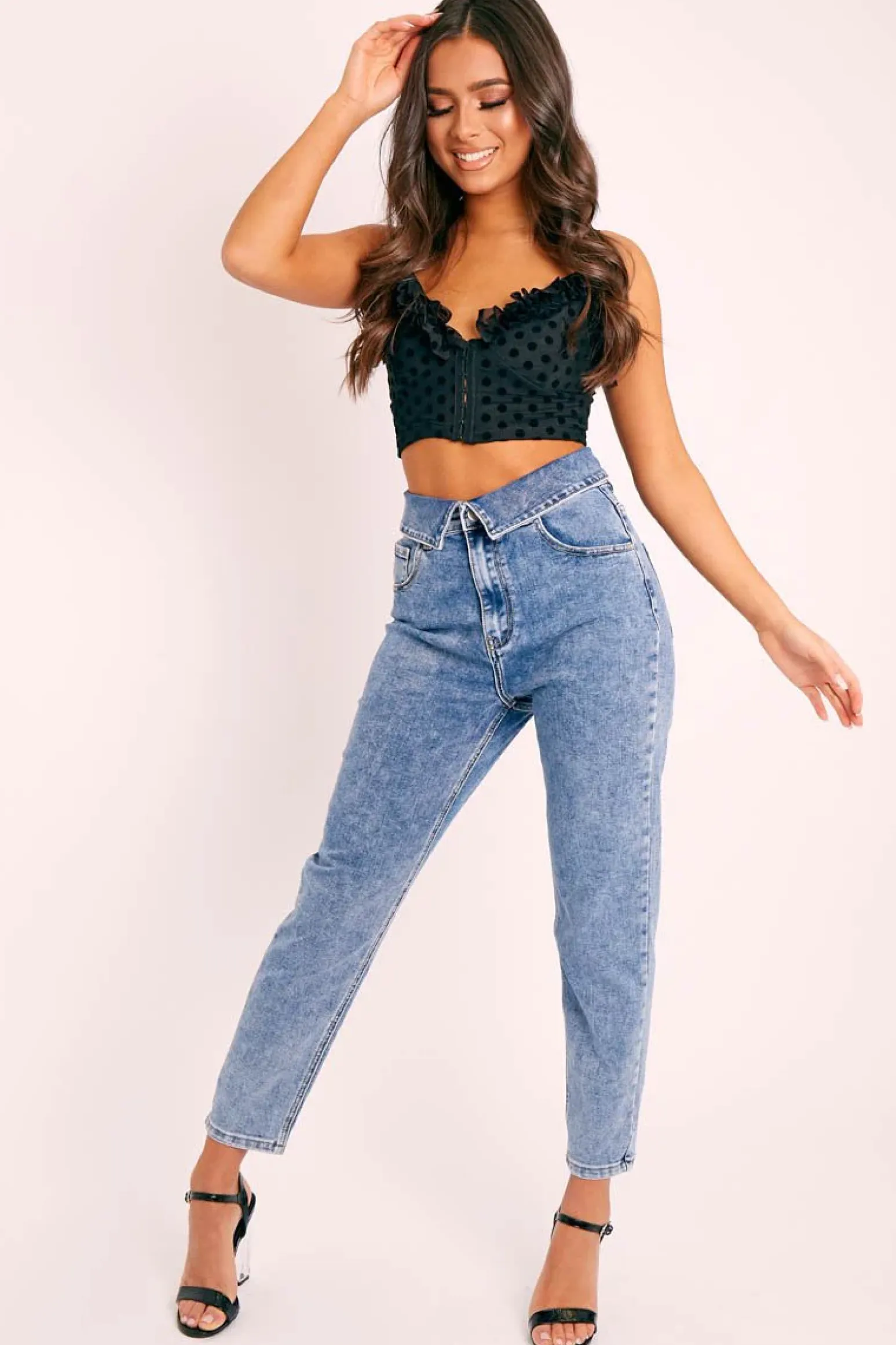 Rebellious Fashion Blue Denim Covered Waistband Mom Jeans - Tahlia