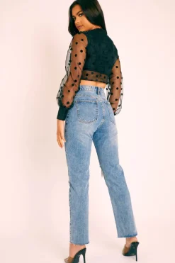 Rebellious Fashion Blue Denim Destroyed Straight Leg Jeans - Gena