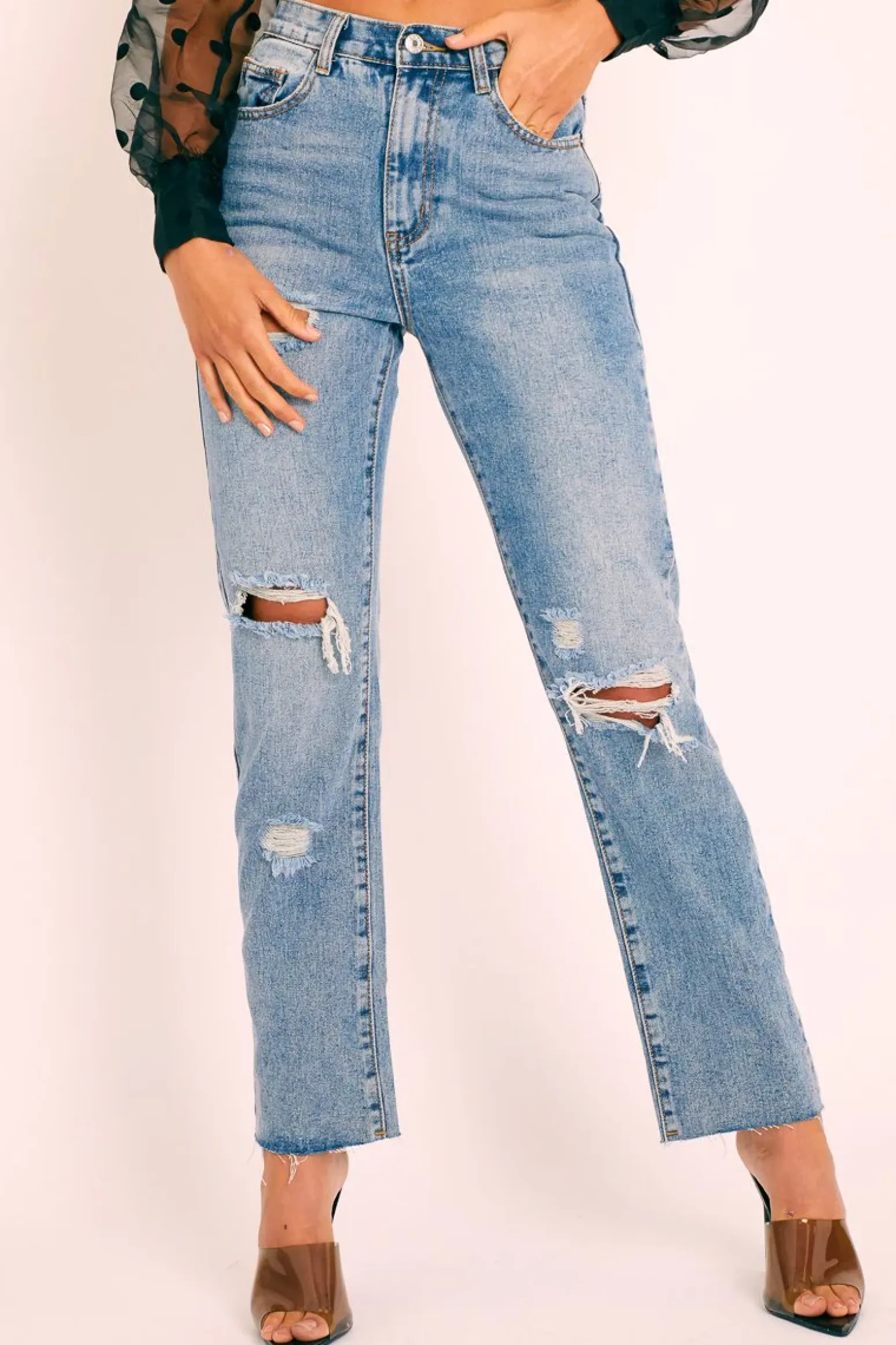 Rebellious Fashion Blue Denim Destroyed Straight Leg Jeans - Gena