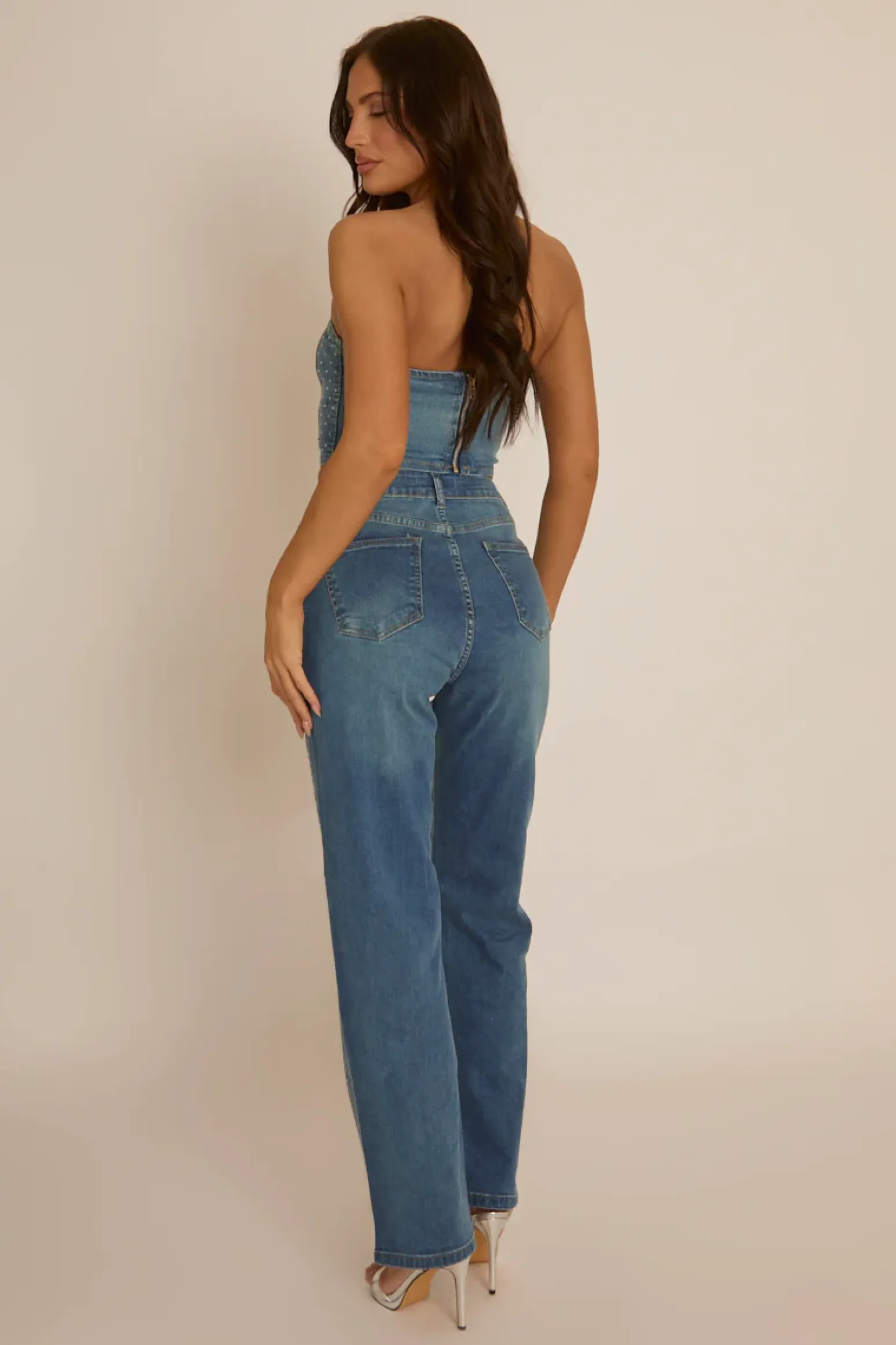 Rebellious Fashion Blue Denim Diamante Embellished Corset Top - Elaina