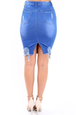 Rebellious Fashion Blue Denim Distressed Midi Skirt - Lea