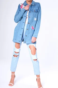 Rebellious Fashion Blue Denim Embroidered Oversized Jacket - Helena