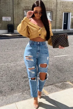Rebellious Fashion Blue Denim Extreme Distressed Mom Jeans - Jacia