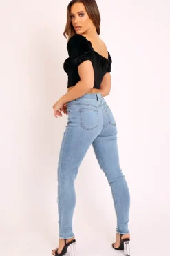 Rebellious Fashion Blue Denim Frayed Hem Distressed Skinny Jeans - Tristen